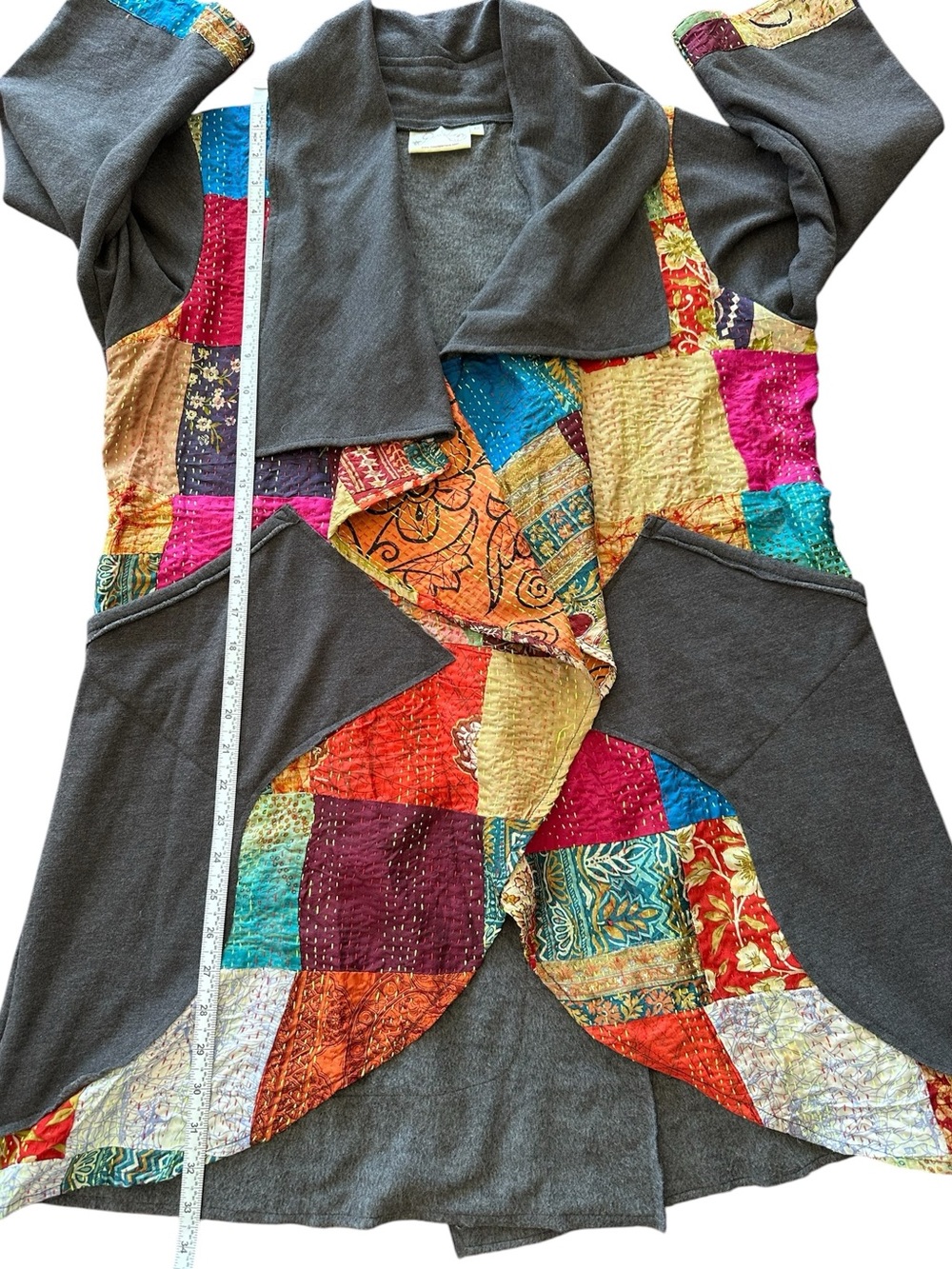 Paper Lace Womens Gray Kantha Patchwork Open Front Duster Cardigan Jacket Medium - Picture 9 of 9